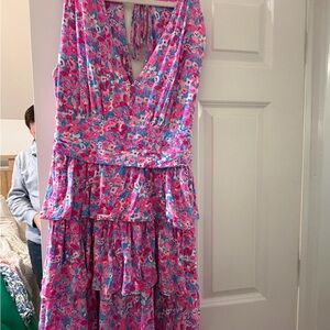 Pink & Blue Floral Tiered Dress